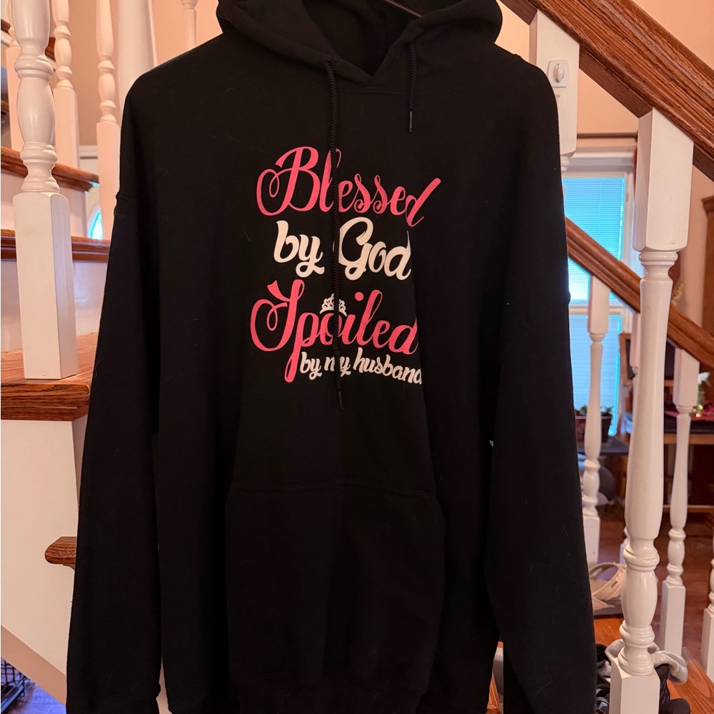 Gildan Black Hoodie with Pink and White Design